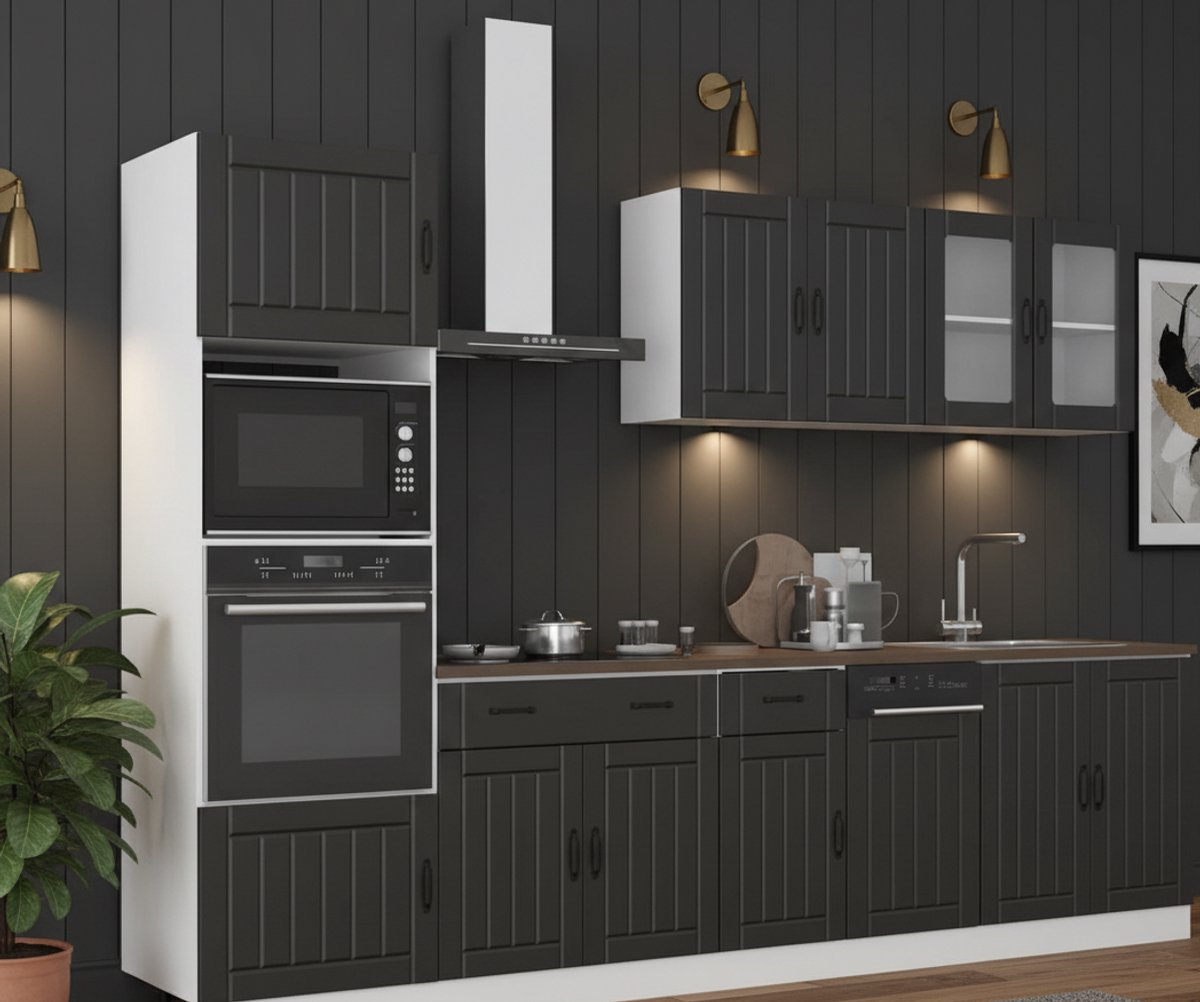 Luxe 7-Delige Modulaire Keukenblok Set – Complete Keukenmeubel Set met Hanggkast & Onderkast – Veel Opbergruimte, Verstelbare Poten & Onderhoudsvriendelijk – Zwart Houtlook – Novihome