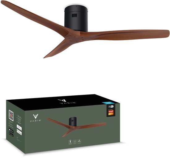 Varin® Smart Plafondventilator - Walnoot - Tuya Wifi - LED CCT - Lange bladen - Ø 132cm - 6 snelheden - Super stil 20dB - Met afstandsbediening en app - Ventilatorkachel - Ventilatoren plafond - Plafondventilator - Plafond ventilator slaapkamer