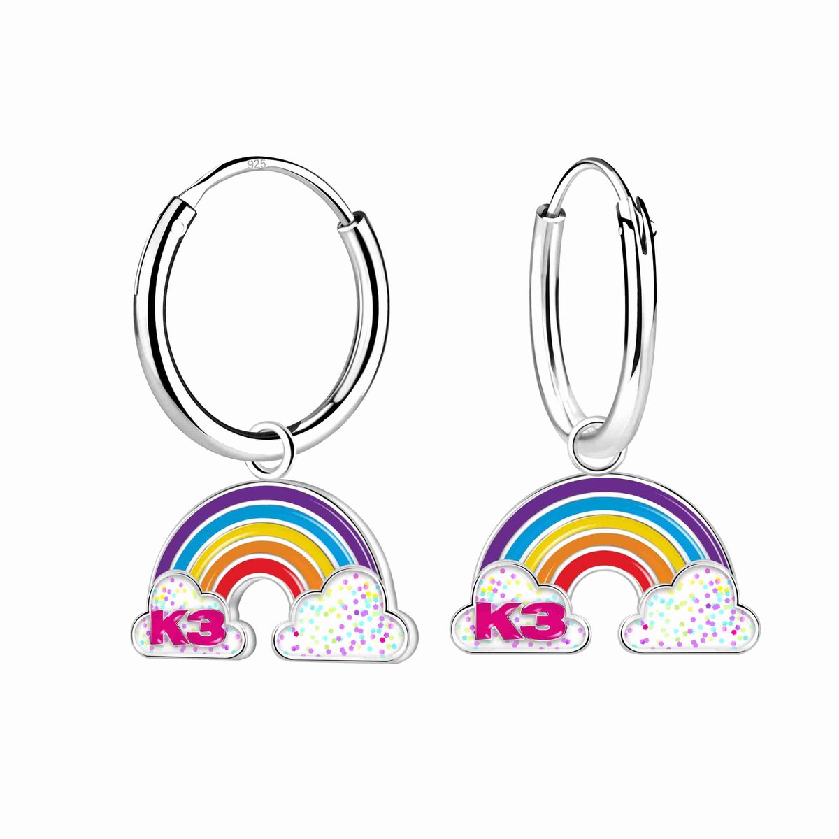 K3 - zilveren oorringen met K3 hanger - regenboog en glitter