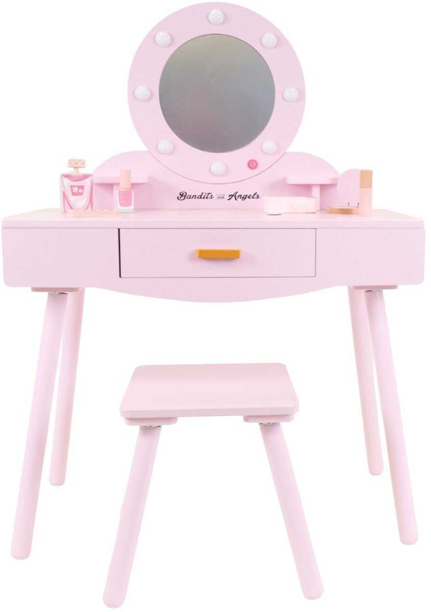 Bandits & Angels Kinder Kaptafel Sofia Roze Met Spiegel en Lampjes voor Meisjes vanaf 3 jaar - Houten Make-Up Tafel - Kaptafel Inclusief Krukje - Voor Kinderen — afbeelding 8