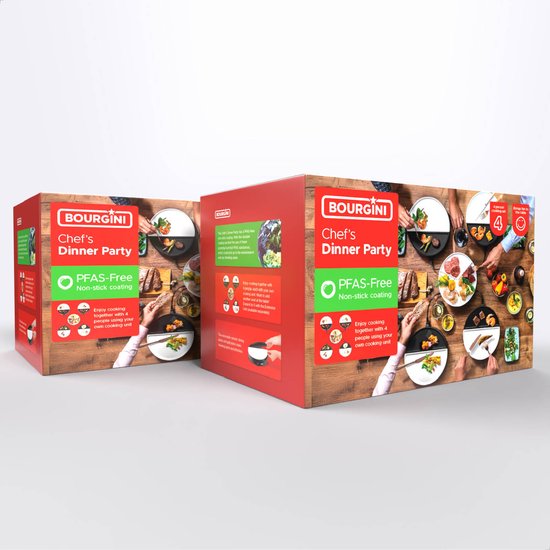 Verpakking van de Bourgini Chef's Dinner Party gourmetset, met afbeeldingen van het product en de gerechten.