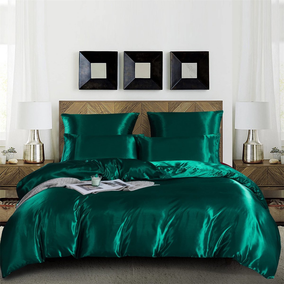 Unyqoos Luxe glanzend dekbedovertrekset 200x200 cm met ritssluiting en kussenslopen Groen