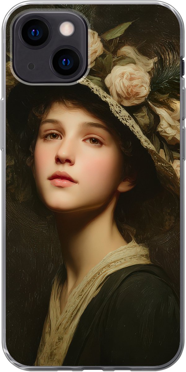 Telefoonhoesje Geschikt voor iPhone 13 mini hoesje - Bloemenhoed - Portret - Vrouw - Siliconen Telefoonhoesje Telefoonhoesje