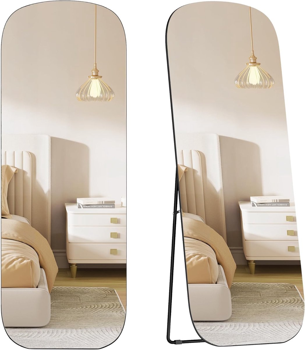 SONGMICS Volledige lengtespiegel 160 x 50 cm met afgeronde hoeken Kwaliteit glazen staande spiegel Aluminium frame Slaapkamer Kleedkamer Inkt Zwart LFM029B01