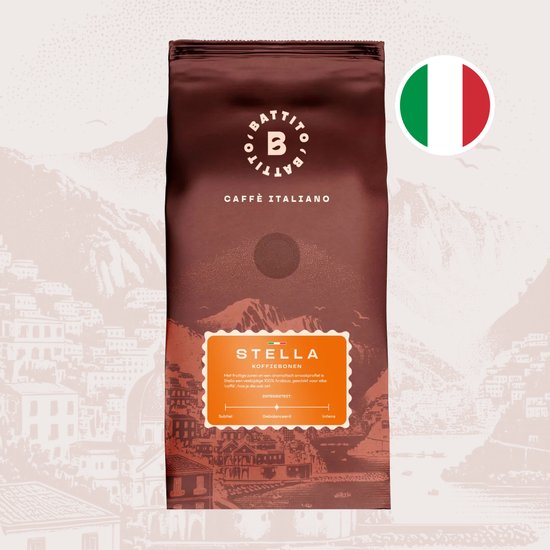 Bruine zak Battito 'Stella' Caffè Italiano koffiebonen met het Italiaanse vlagicoon.