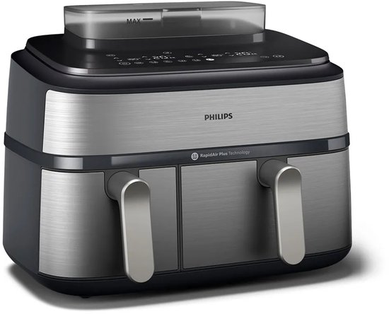 Zilverkleurige en zwarte Philips dubbele airfryer met digitale bediening, getoond vanuit een schuine hoek.