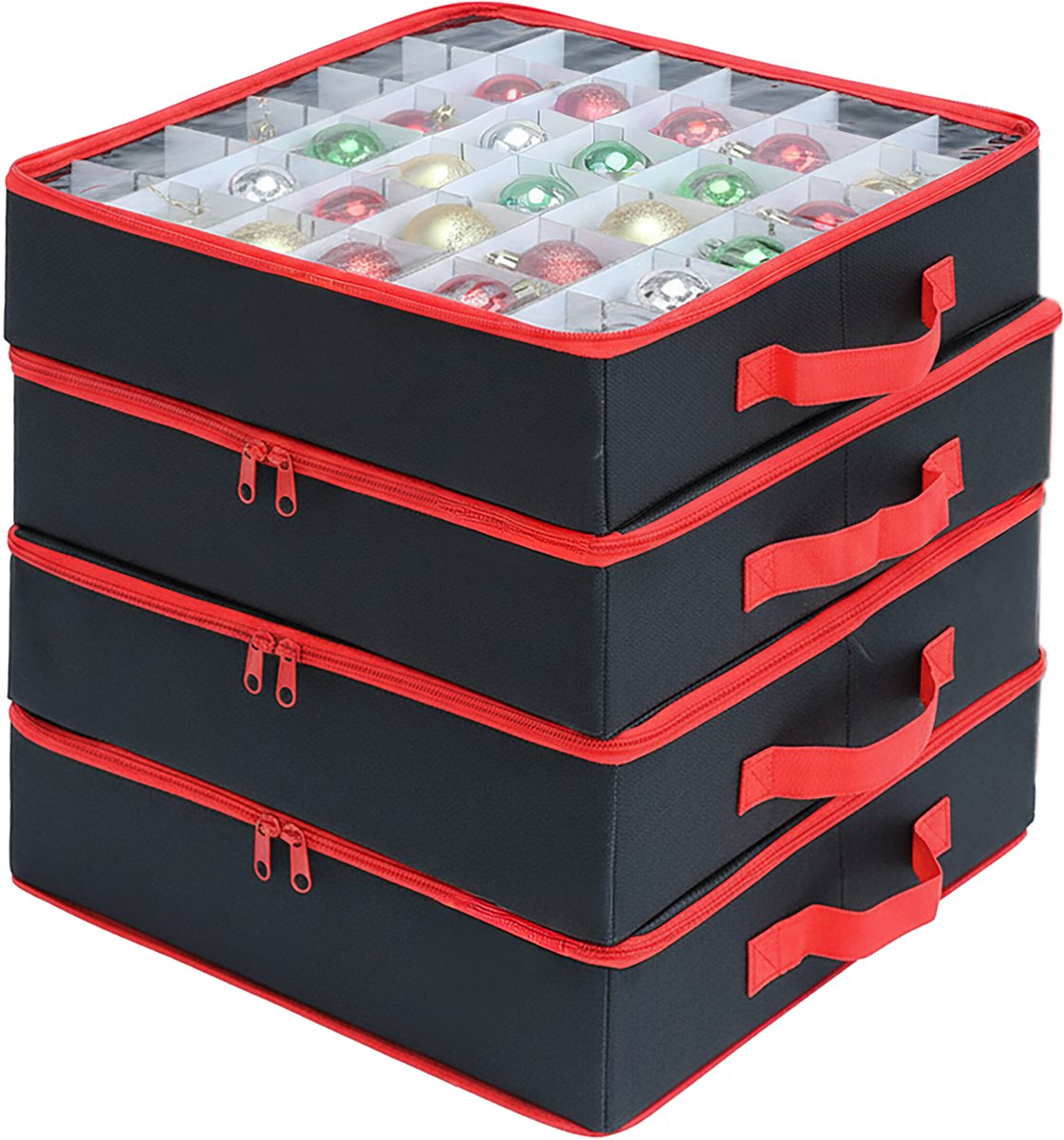 Kerstballen opbergbox - set van 4 - voor elk 16 ballen - zwart-rood
