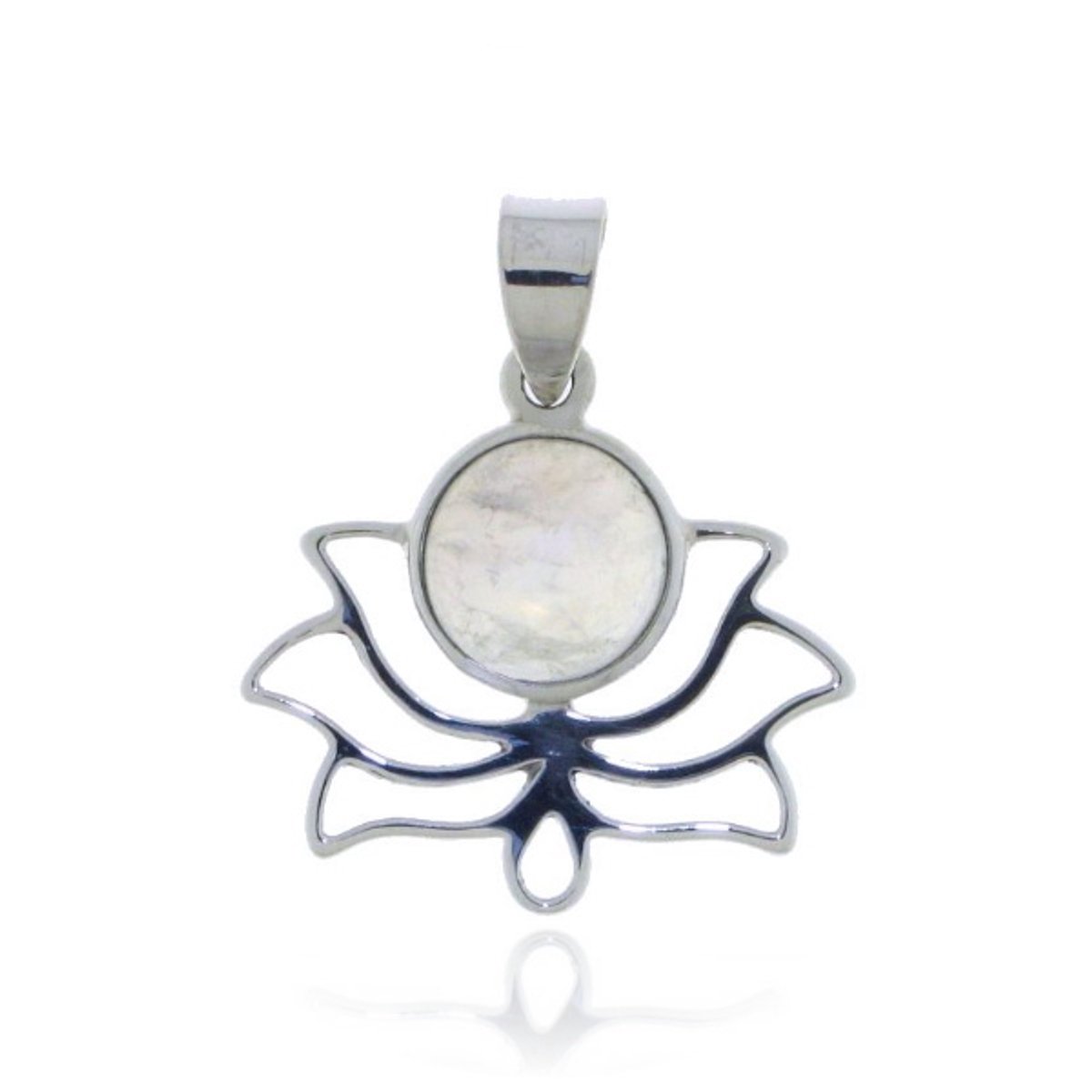 SilverGems Lotus hanger, zilveren hanger met cabouchon geslepen ronde Regenboog Maansteen edelsteen