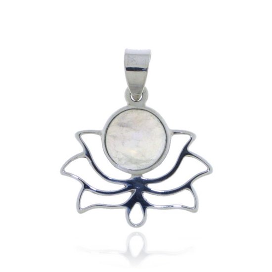 SilverGems Lotus hanger, zilveren hanger met cabouchon geslepen ronde Regenboog Maansteen edelsteen