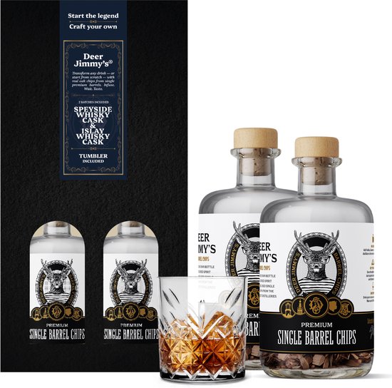 Deer Jimmy's® Make Your Own Whiskey - Gift Set met whiskey tumbler glas - Schotse Whisky Speyside & Islay Cask - Rijp je eigen drank met houtsnippers van een gebruikt whisky vat