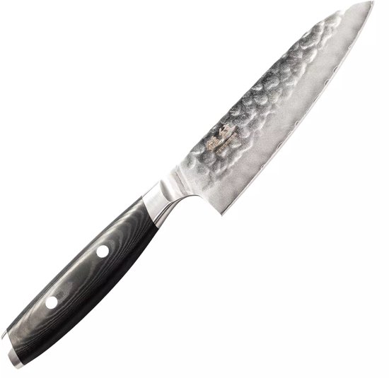 Yaxell Japonais - Série Tsuchimon - Couteau de Chef Santoku - Acier VG10 - 61 HRC - Lame 12,5 cm - 3 Couches d'Acier Damas - Manche Toile-Micarta
