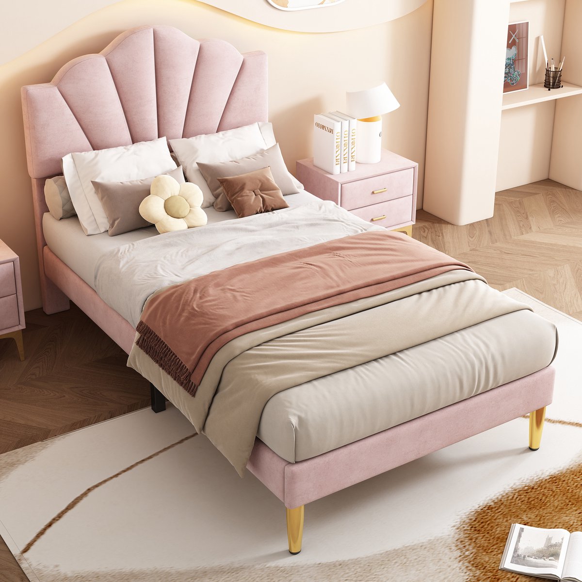 Roze fluweel bed 90x200 cm - Lattenbodem hout - Verstelbare hoogte - Gouden ijzeren poten - Uniek schelpontwerp - Stabiele constructie - Extra opbergruimte 22 cm