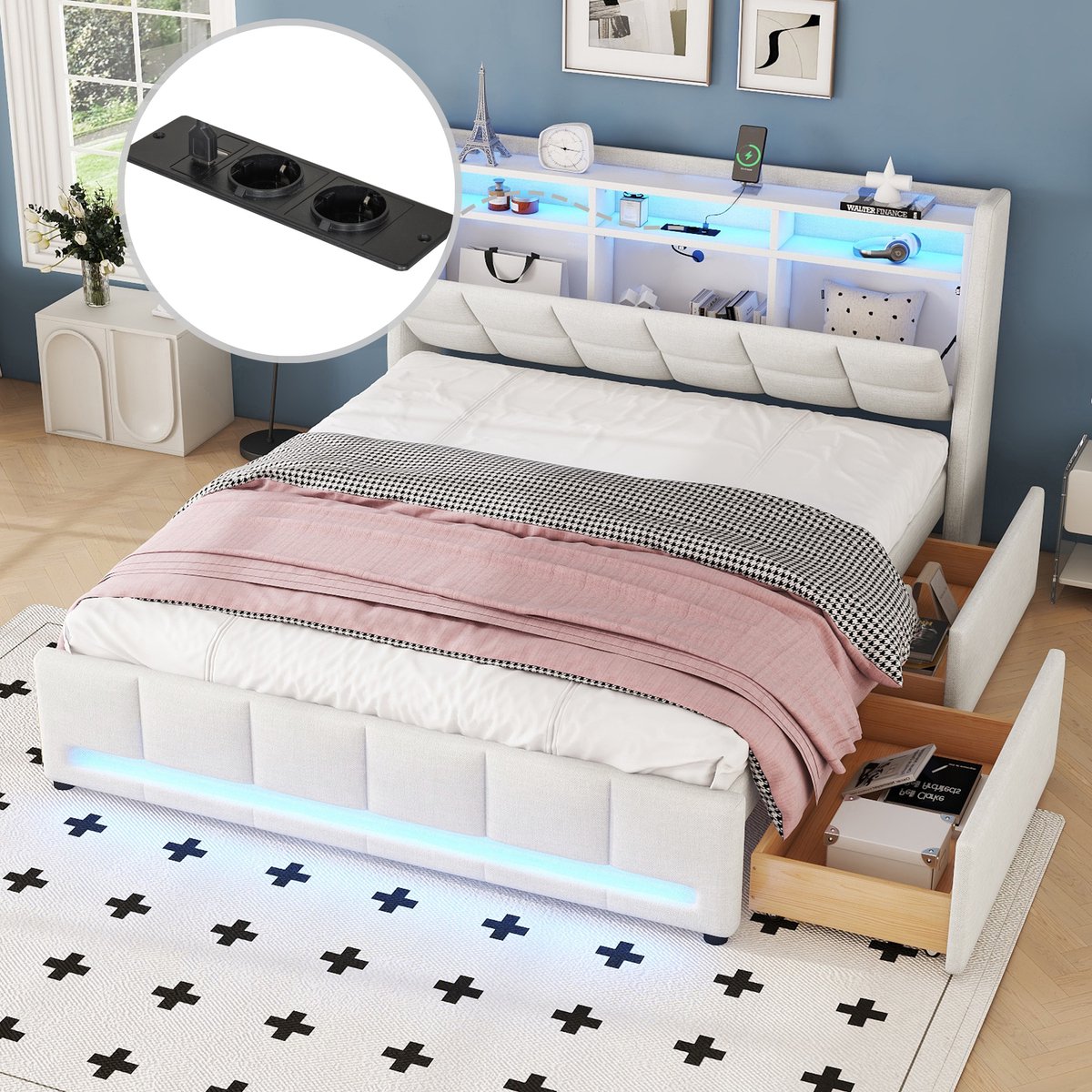 SONNENH Bed 140x200 cm Beige - Zonder Matras - Linnen + MDF - Opberglades - USB/Stopcontacten - Hoofdbord LED-verlichting - App-gestuurd - 226 kg Belastbaarheid - Ruime Opbergruimte - Slim Design - Modern Comfort