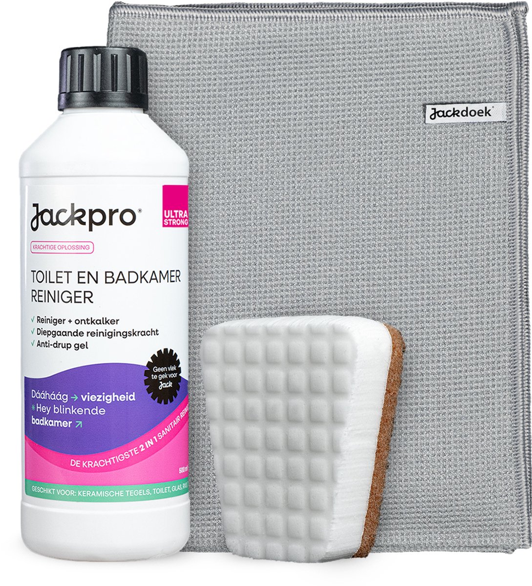 Jackpro Toilet en Badkamerreiniger met grijze Droogdoek - voor badkamer, toilet, sanitair, tegels, glas en RVS - voordeelpakket