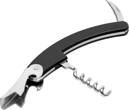 Tire-bouchon noir avec tire-bouchon dépliable, décapsuleur et petit couteau.