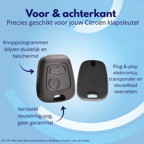 Voorkant en achterkant van een zwarte Citroën klapsleutel. Knop-pictogrammen blijven beschermd.