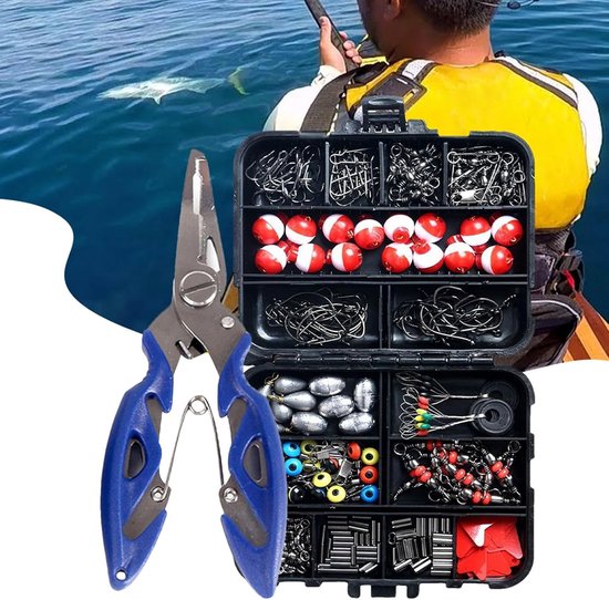 Deze set met 264 accessoires Geschikt voor het vissen bevat tangen, haken, loodjes en andere accessoires; een geschenkset met zoetwaterbaarsvisaas en uitrusting voor heren. van Merkloos — afbeelding 3
