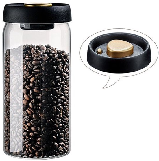 Glazen bewaarpot gevuld met koffiebonen, met een detailweergave van de vacuümafsluiting in de deksel.