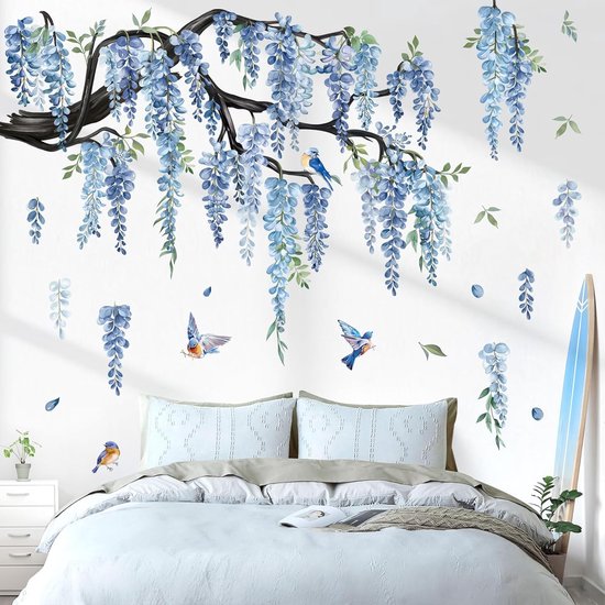 Grands Stickers muraux en forme de branches d'arbre Bloem Blauw, Stickers muraux Fleurs chambre, salon , canapé ou fond de télévision.