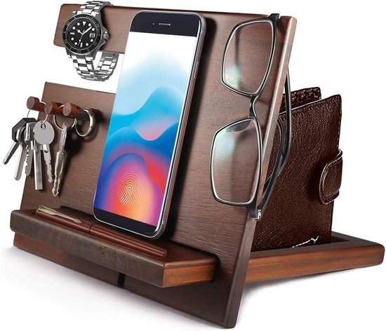 Houten Telefoon Docking Station Sleutelhouder Portemonnee Stand