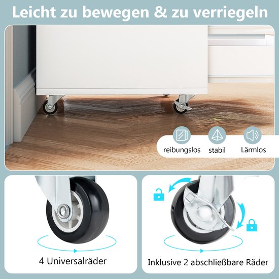 Vier universele wielen, inclusief twee vergrendelbare wielen voor moeiteloze beweging en stabiliteit.
