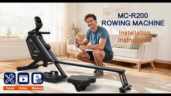Magnetische roeimachine met 16 niveaus weerstand, Bluetooth-connectiviteit, ondersteunt een hoogte van 150-200 cm en een laadcapaciteit van 160 kg
