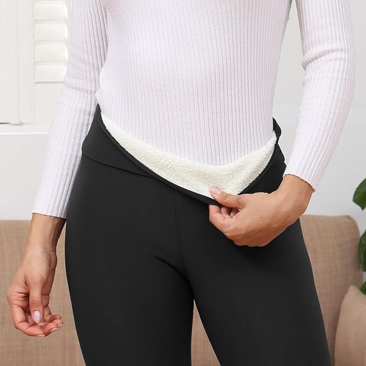 Fleece Gevoerde Leggings Vrouwen Thermische Bont Gevoerde Leggings Winter Hoge Taille Warme Sherpa Leggings Dames Workout Yoga Broek , maat XL , zwart