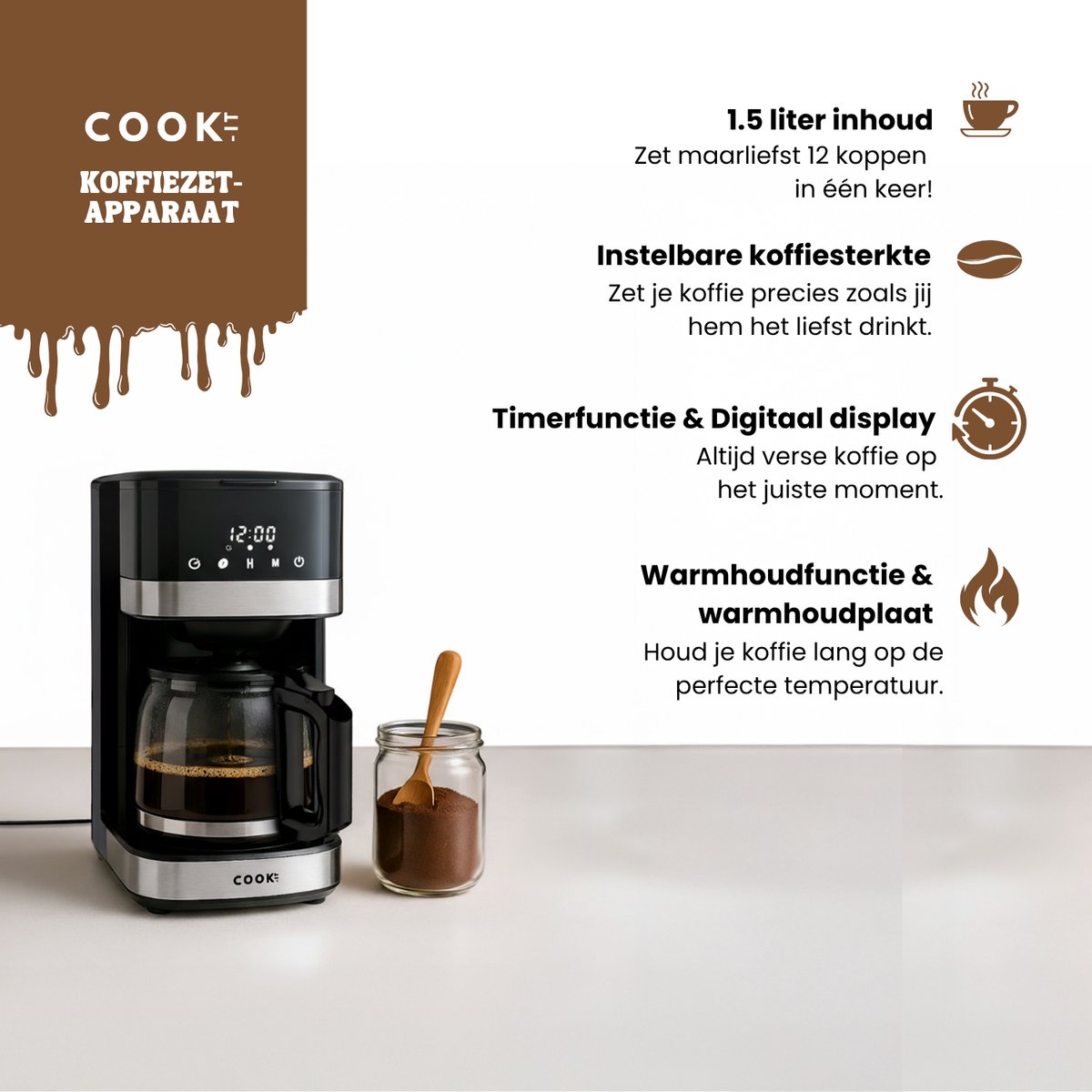 Koffiezetapparaat Filterkoffie - Coffee Machine - Touch Display - Instelbare Sterkte - Warmhoudfunctie - Anti-Drup - Zwart/RVS - COOK-IT thumbnail 2