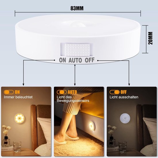 Nachtlamp Set - 8 LED Bewegingssensor Nachtverlichting - Oplaadbaar via USB en 3 Werkmodi - Automatisch Aan/Uit/Stand-by - Voor Slaapkamer, Gang en Toilet - 3000K Warm Wit Licht - 3 Stuks van Merkloos — afbeelding 4