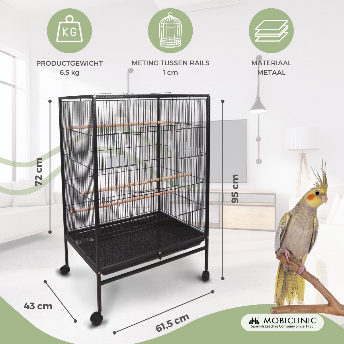 Mobiclinic Ninfa - Vogelkooi - Met zitplaats en accesories en wielen - Eet en drinkbakken - 95 x 43 x 61,5 cm - 8 poorten - Uitneembare lade - Zwart thumbnail 4