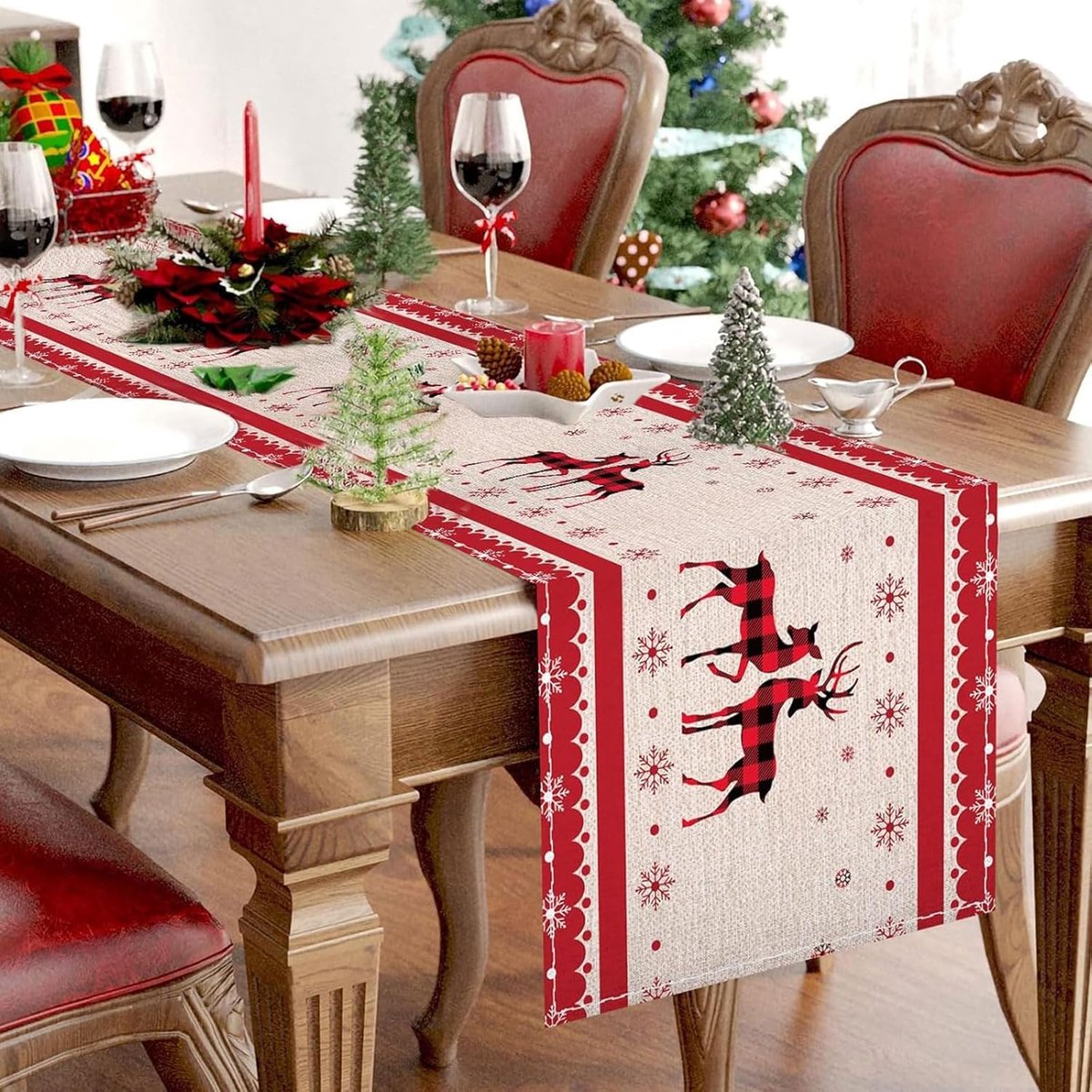 STAR&STER 2-delige Kerst Tafelloper Set – Rood met Rendierpatroon – Linnen Tafellopers 32x180 cm – Feestelijke Tafelkleed Decoratie voor Binnen & Feestdagen