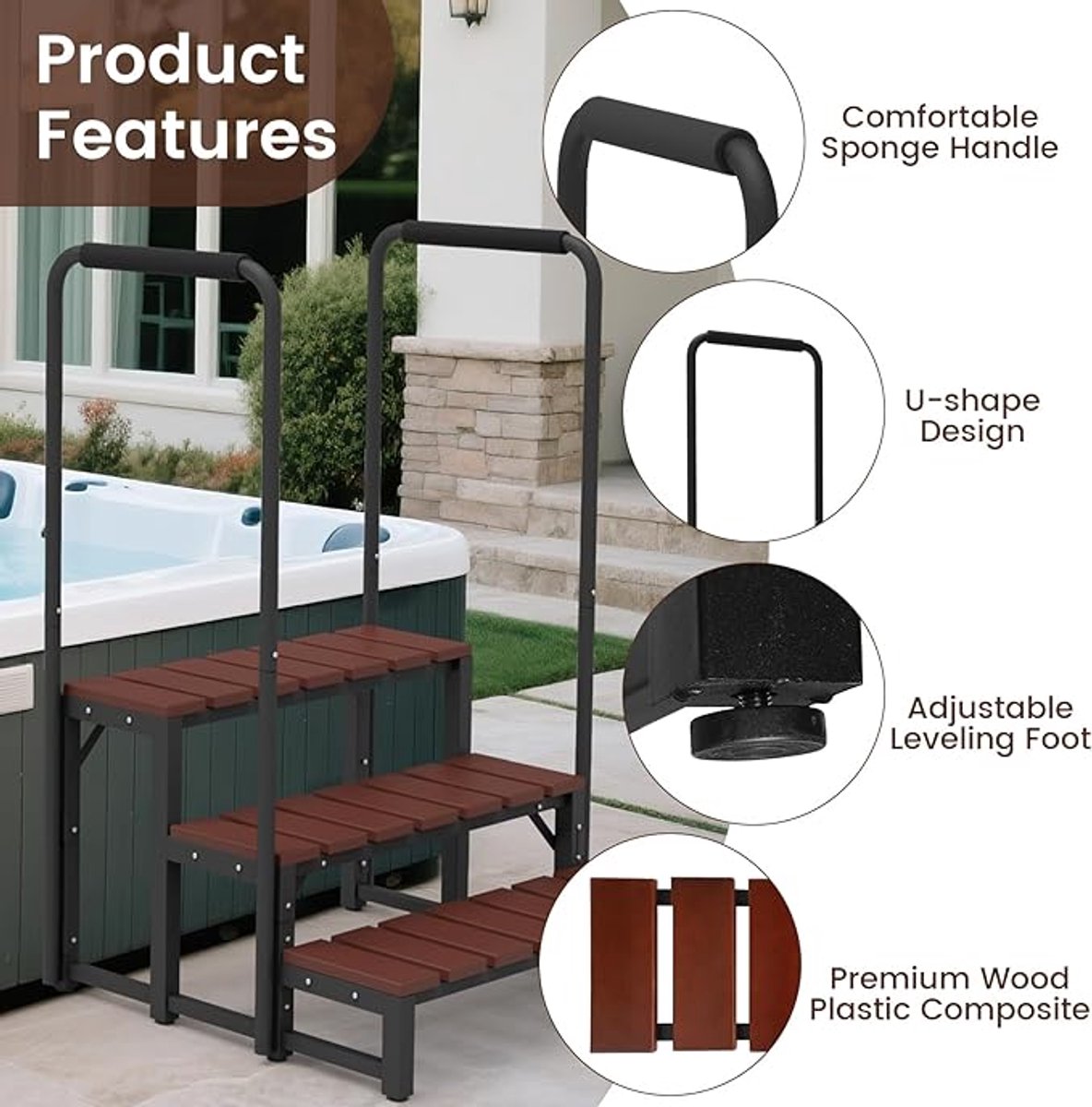 Whirlpool-trap met dubbele leuningen – 3-traps spa-treden voor whirlpool en zwembad – Afneembare U-vormige leuning, antislip treden, verstelbare voet, draagvermogen van 204 kg – Novihome Spa Step Deluxe
