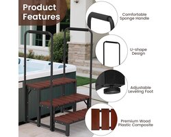 Whirlpool-trap met dubbele leuningen – 3-traps spa-treden voor whirlpool en zwembad – Afneembare U-vormige leuning, antislip treden, verstelbare voet, draagvermogen van 204 kg – Novihome Spa Step Deluxe