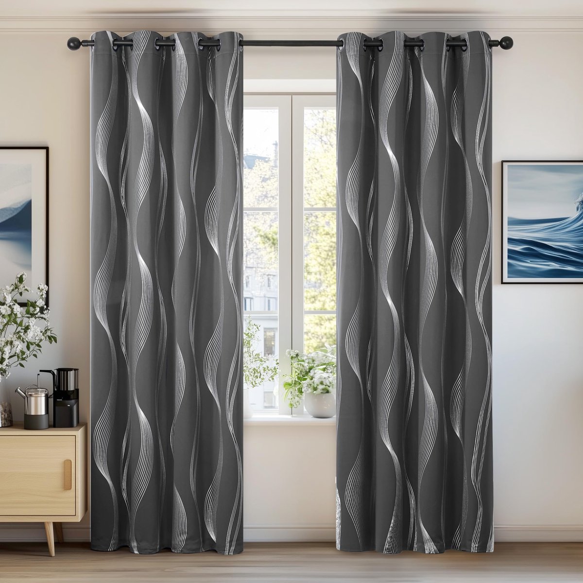 Unyqoos Donkergrijze thermische gordijnen voor slaapkamer met ringen, set van twee Grijs