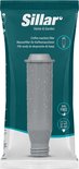 Grijze koffiefilter met waterdruppels op een verpakking met Sillar logo en 'BPA Free'.