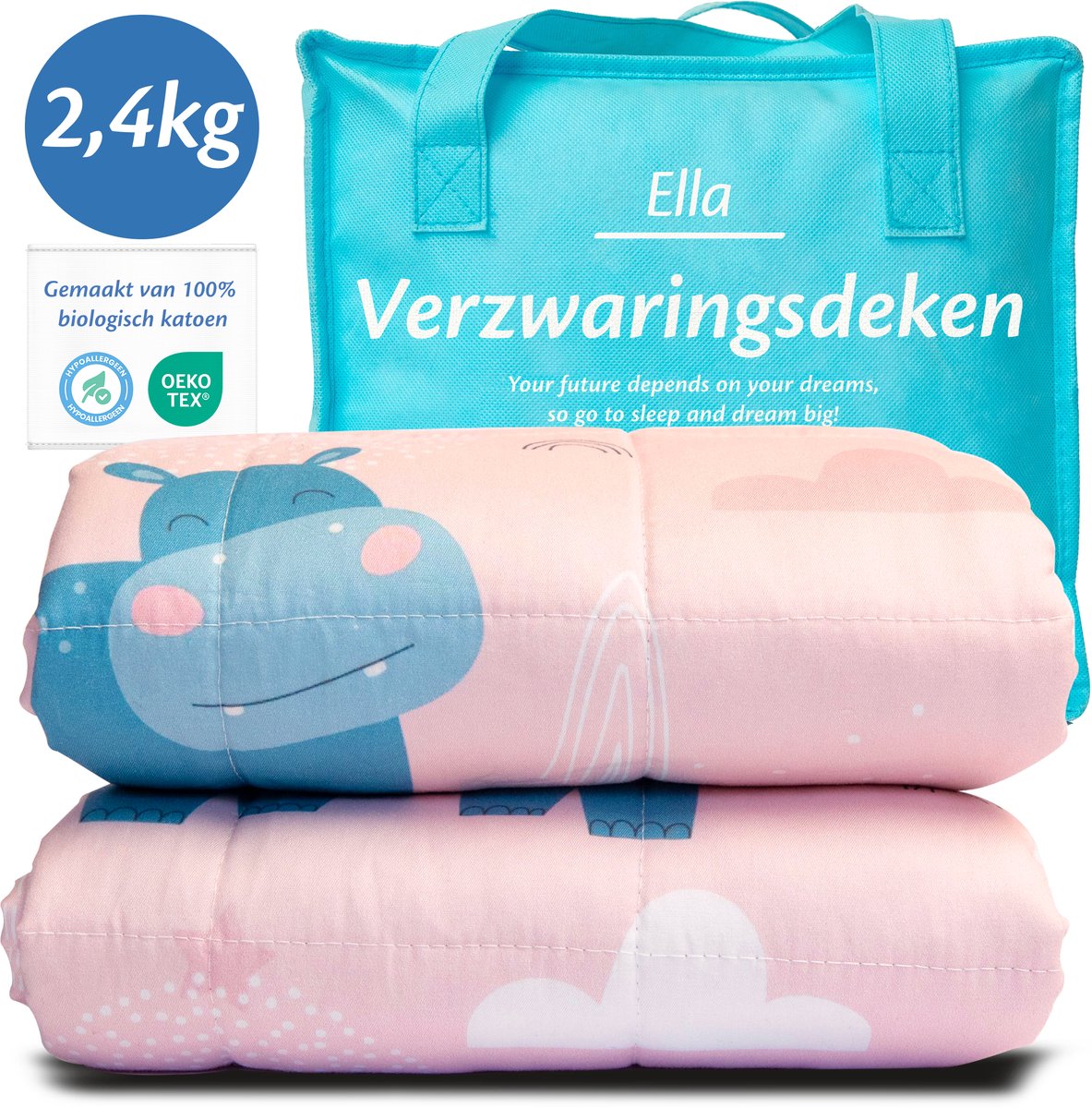 Ella Verzwaringsdeken Kind 2,4kg - OEKO-TEX Katoen Zwaartedeken 90 x 120cm - Weighted Blanket - Verzwaarde Deken Roze Nijlpaard