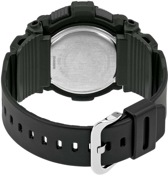 Onderkant van een zwart G-Shock horloge met metalen achterkant en datumstempel.