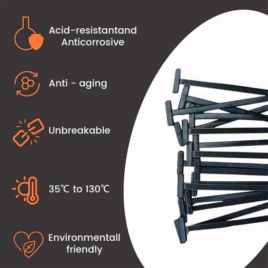 Iconen en tekst beschrijven de eigenschappen van zwarte nylon kabelbinders: zuurbestendig, anti-aging, onbreekbaar, temperatuurbereik, milieuvriendelijk. Rechts een close-up van de kabelbinders.