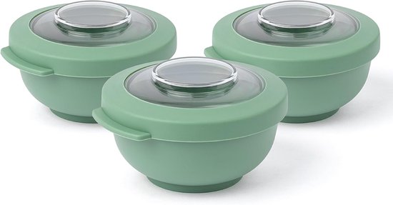 Trois boîtes de conservation Amuse Tylla 200 vert sauge avec couvercles transparents.