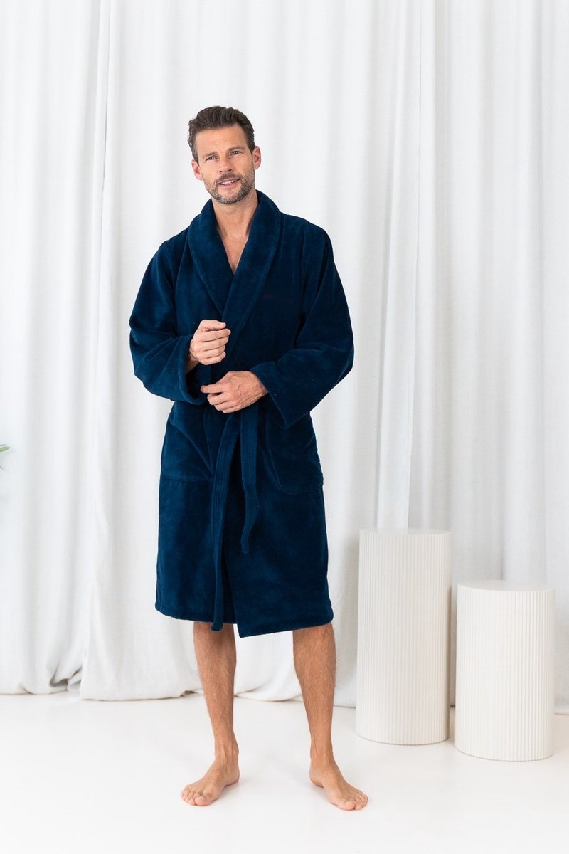 Casilin - Badjas Teddy voor Dames en Heren - Maat XL - Voor Volwassen - Met riem - Badstof, Fleece, Katoen - Absorberend - Wasmachinebestendig - Donkerblauw, Blauw