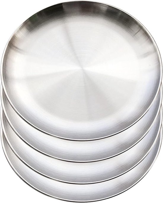 OIMG Lot de 4 assiettes plates rondes en acier inoxydable épais - Idéales pour le camping, les barbecues, les pique-niques et les activités de plein air - 20 cm de diamètre