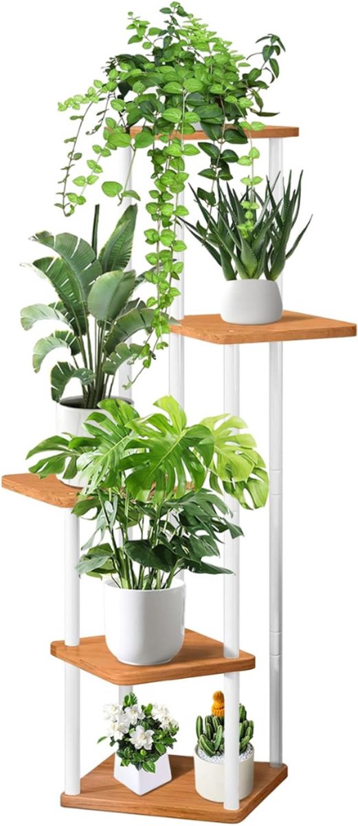 VIN® Plantenladder - Plantentrap - Plantenrek Opbergrek - Plantenstandaard - Plantenhouder - Bloemenrek – Bloementrap Met 5 Etages – Wit – Totale hoogte: 106 cm