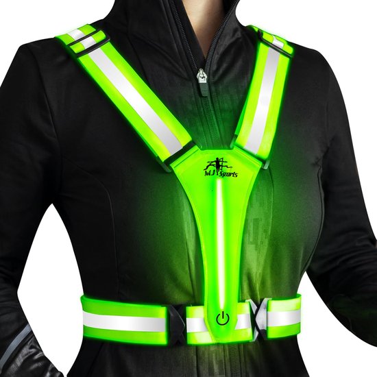 MJ Sports Premium X-Shape LED Gilet de course réfléchissant rouge avec 4 piles CR2032 - Course à pied à pied - Feux de course - Gilet de sécurité avec lumières - Feux de course - Marche - Vélo - Ceinture