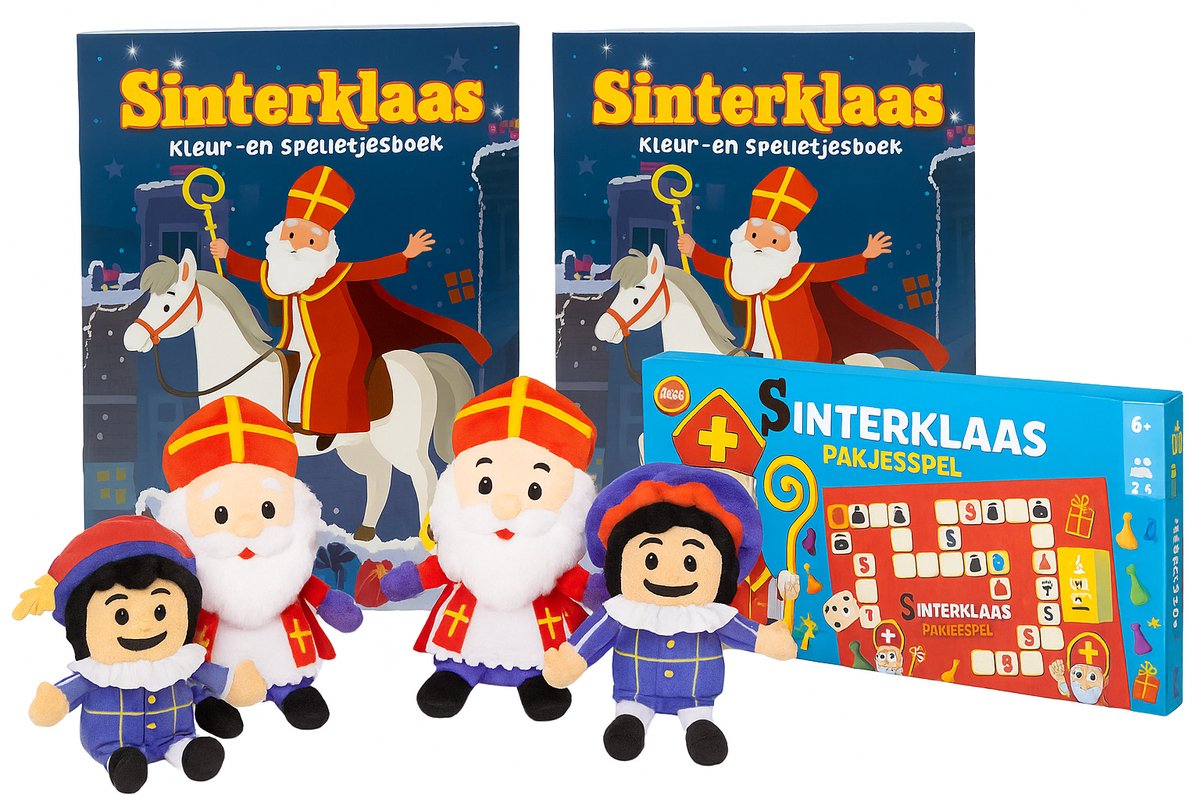 Sinterklaas Kleur- en Spelletjes Set – Inclusief Pakjesspel & 4 Maak-je-eigen-Knuffels (2x Sinterklaas & 2x Piet) – 2 Kleurboeken + Spel + Knutselset – Perfect voor 2 Kinderen