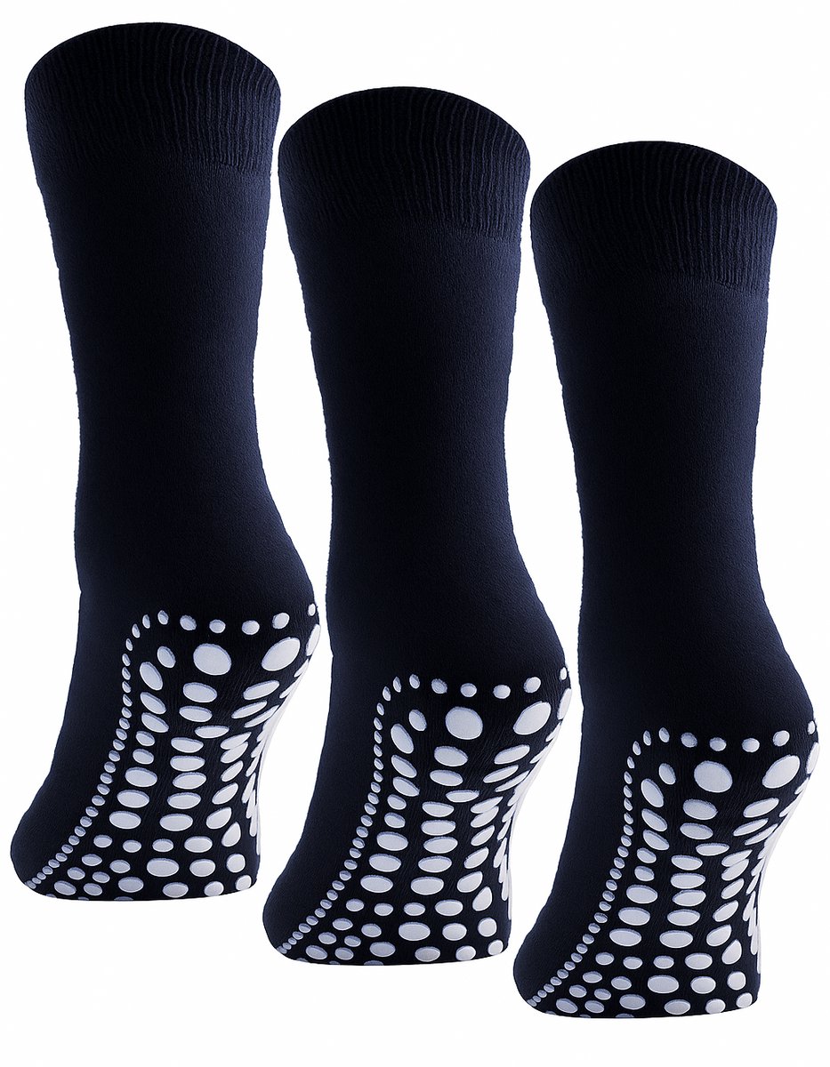 Budino® Huissokken Anti Slip Set - 3 paar - Dikke Antislip Sokken - Gripsokken - Dikke Yoga Pilates Sokken - maat 43-46 - Blauw