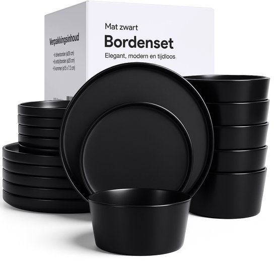 Service de table Luft pour 6 personnes - Bols et assiettes plates - Style moderne - Faïence Massief , céramique - Noir mat - 18 pièces