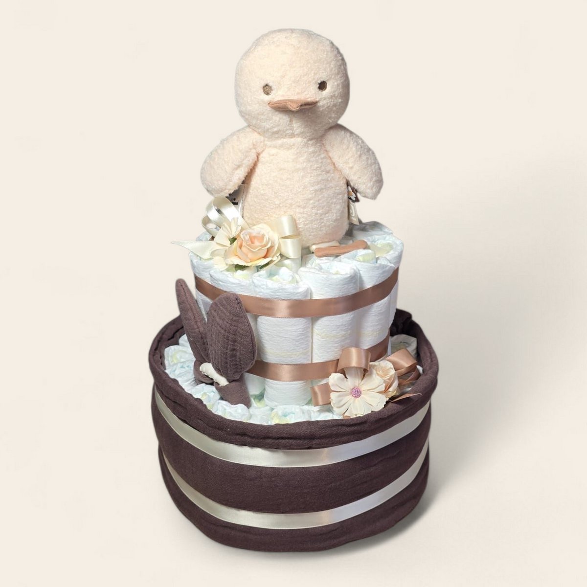 Luiertaart 2 lagen met Jollein Spring Garden Duck en wiegdeken chestnut