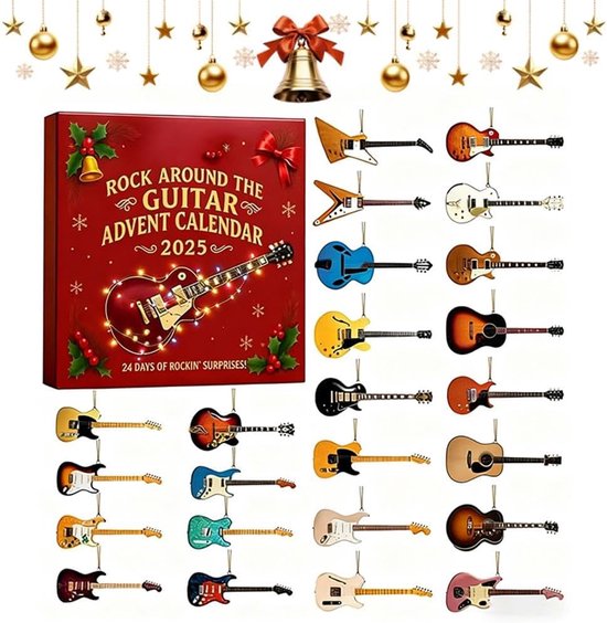 De Rock Guitar Advent Calendar 2025 is een 24-daagse kerstaftelkalender met 24 mini 2D gitaarhangers van acryl; een perfect cadeau voor muzikanten- gitaarliefhebbers en verzamelaars.