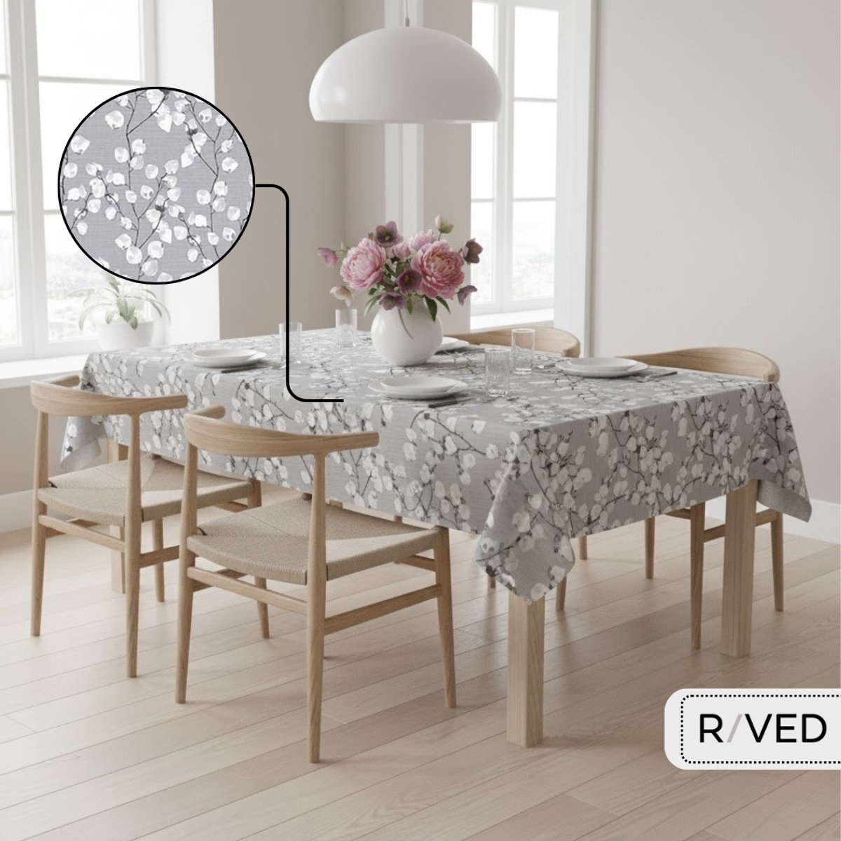 Raved Tafelzeil - 140 cm x 290 cm Lente Bloemen Grijs - PVC – Afwasbaar