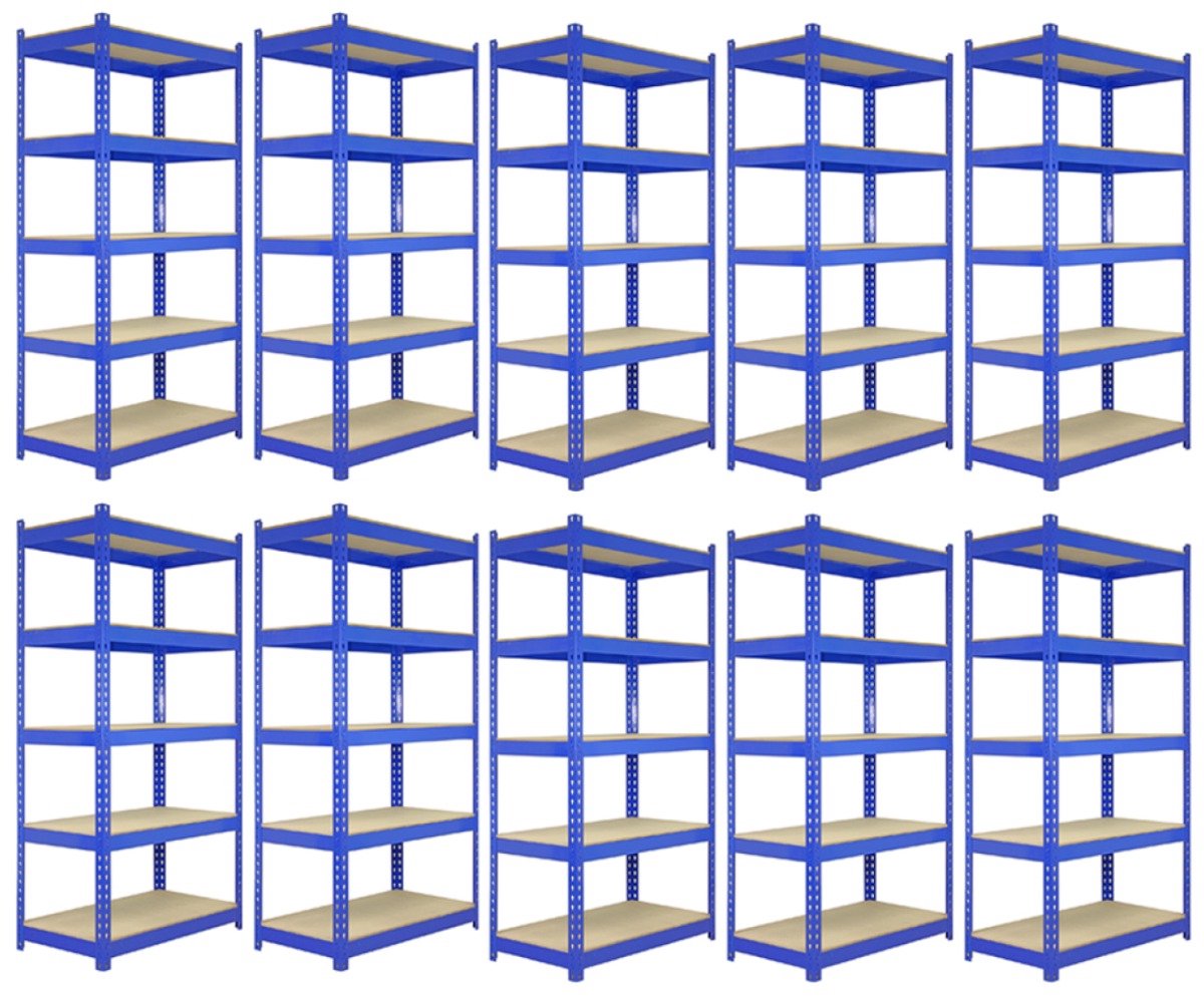 10x Q-Rax blauw stellingrek, 5 lagen, 200kg/plank, 120x182x50cm, boltloos